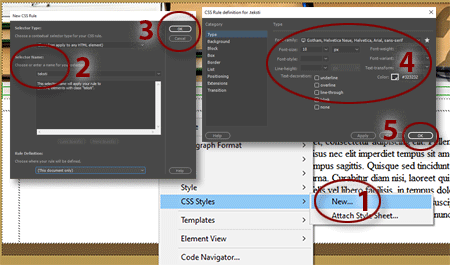 Dreamweaver opaskirja opas kotisivu www-sivu homepage www-site guide css rule new font