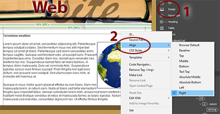 Dreamweaver opaskirja opas kotisivu www-sivu homepage www-site guide align picture adjustment