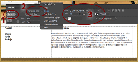 Dreamweaver opaskirja opas kotisivu www-sivu homepage www-site guide css font määritelmä määrittely